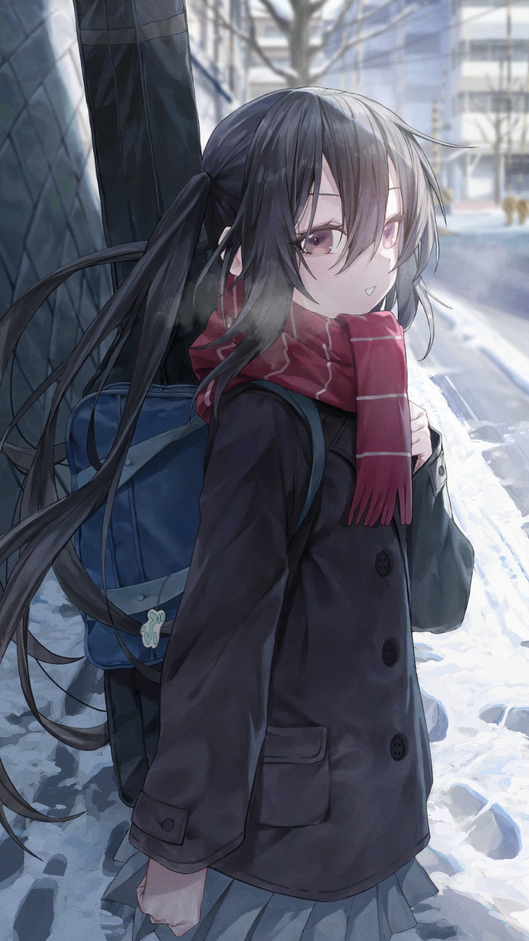 赤いマフラーをした中野梓 / セーラー服 / 雪の日 / けいおん! / ファンアート / イラストの750 x 1334 / スマホ壁紙