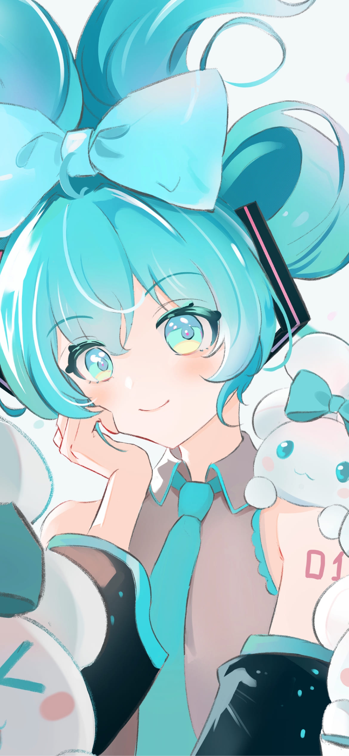大きなリボンをつけたかわいい初音ミク / シナモク / シナモロール / ボカロ / ボーカロイド / ファンアート / イラストの1170 x 2532 / スマホ壁紙