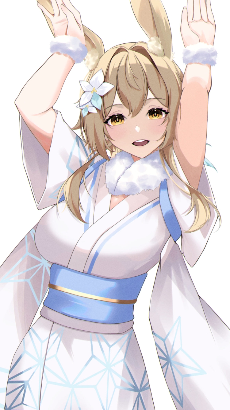 兎のポーズをする白い着物を着た蛍 / 原神genshinwpの750 x 1334 / スマホ壁紙