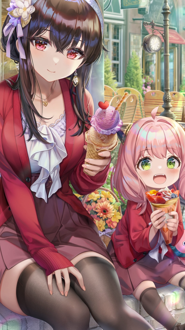 ストロベリーアイスを食べるヨル・フォージャー / クレープを食べるアーニャ・フォージャー / かわいい / おでかけ / スパイファミリー / ファンアート / イラストの750 x 1334 / スマホ壁紙