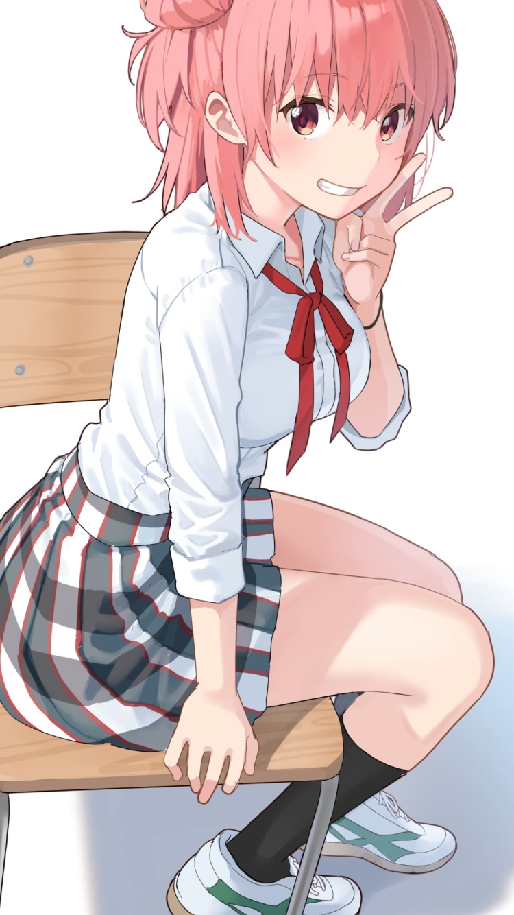 椅子に座ってこちらにピースをする由比ヶ浜結衣 / かわいい / やはり俺の青春ラブコメはまちがっている。 / ファンアート / イラストの750 x 1334 / スマホ壁紙