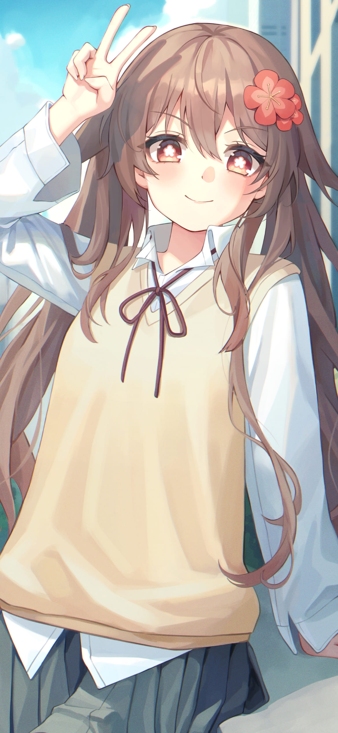 頭の近くでピースをするかわいい胡桃 / セーラー服 / JK / 女子高生 / 赤い花びらの髪飾り / 原神の1170 x 2532 / スマホ壁紙