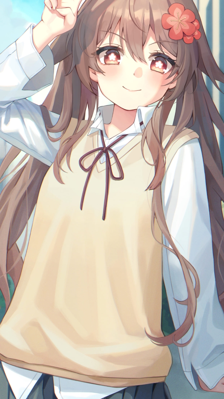 頭の近くでピースをするかわいい胡桃 / セーラー服 / JK / 女子高生 / 赤い花びらの髪飾り / 原神の750 x 1334 / スマホ壁紙