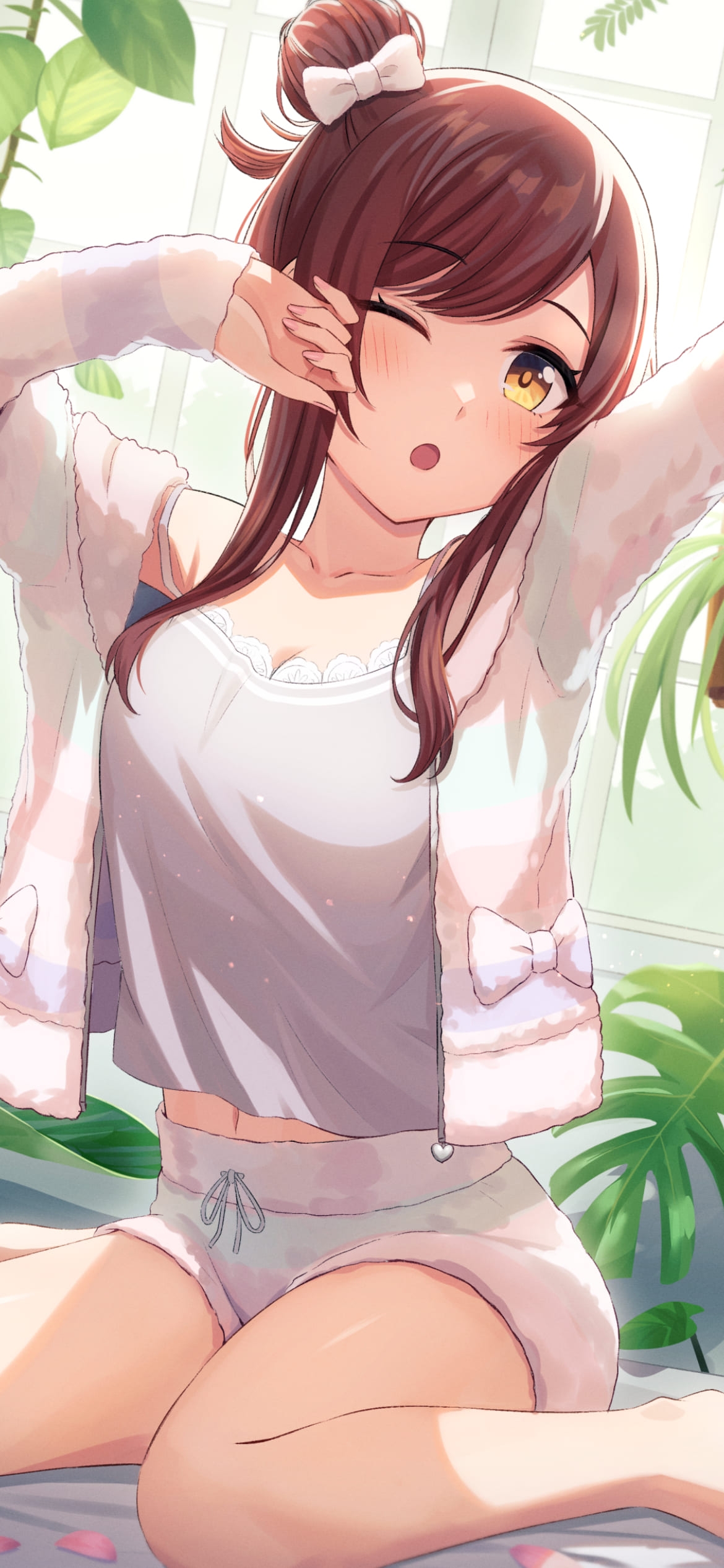寝間着姿で伸びをする大崎甘奈（おおさき あまな）/ かわいい / アイドルマスター シャイニーカラーズ(シャニマス) / ファンアート / イラストの1170 x 2532 / スマホ壁紙