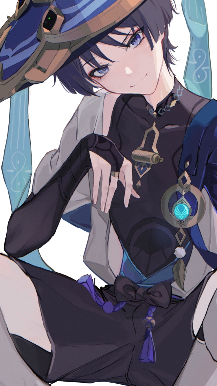 座ってこちらの微笑むスカラマシュ / 放浪者 / 開脚 / 原神の750 x 1334 / スマホ壁紙