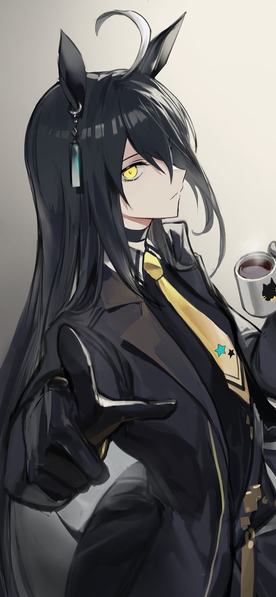 珈琲を飲みながらこちらを指指すマンハッタンカフェ / 牡馬 / ウマ娘プリティーダービー / ファンアート / イラストの1170 x 2532 / スマホ壁紙