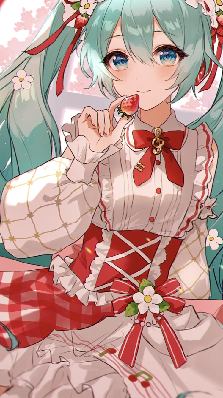 苺を持つかわいい初音ミク / ボカロの750 x 1334 / スマホ壁紙