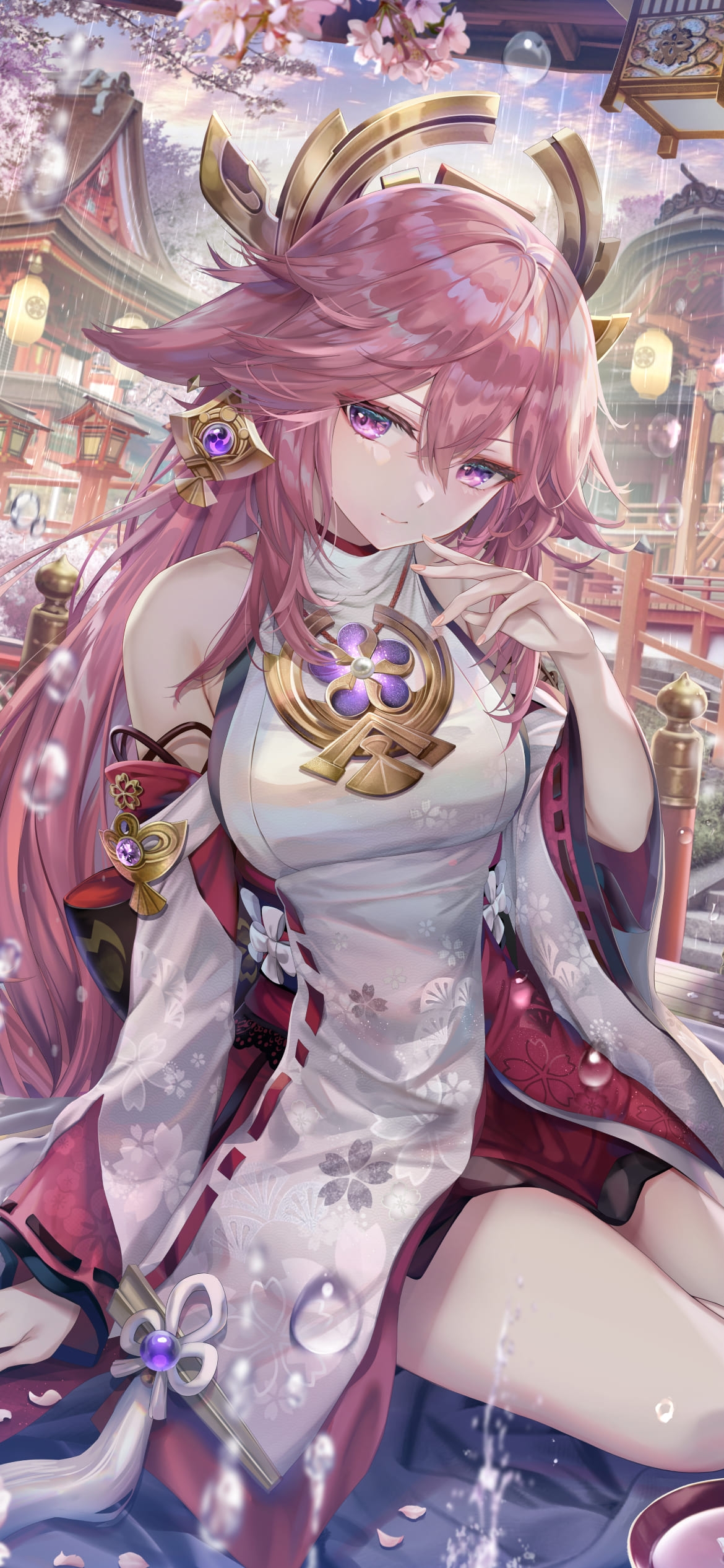 楼閣と桜と八重神子 / 原神の1170 x 2532 / スマホ壁紙