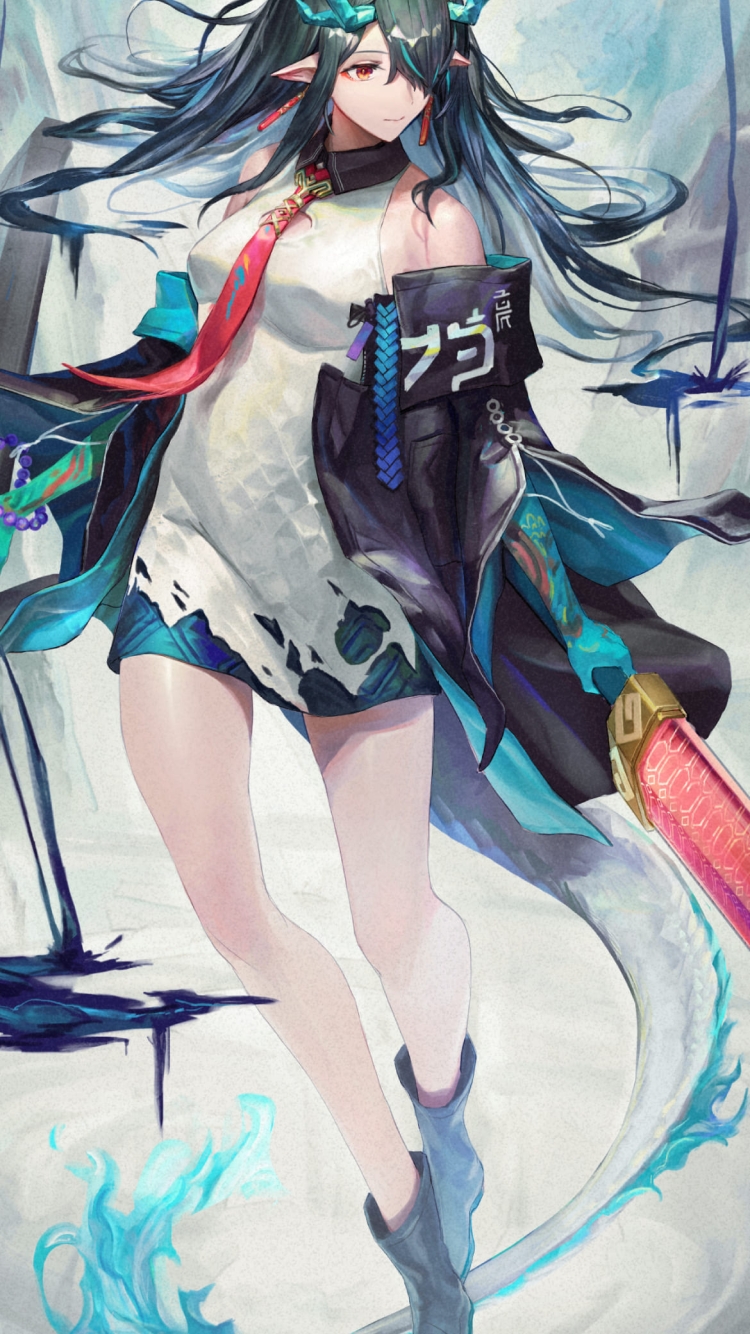 赤い剣を持つシー / アークナイツ / ファンアート / イラストの750 x 1334 / スマホ壁紙