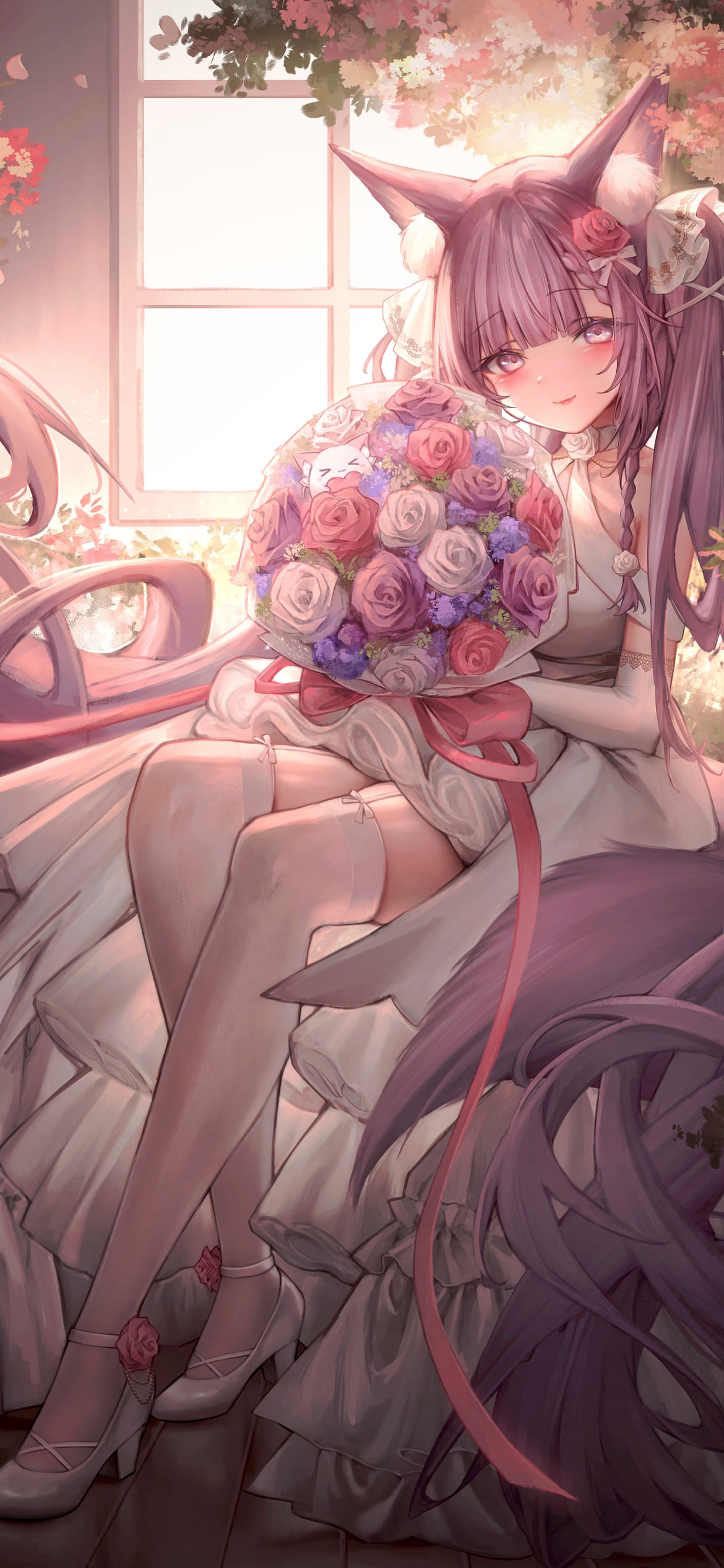 薔薇の花束を持つ綺麗な久遠たま QuonTama バーチャルyoutuber / ファンアート / イラストの1170 x 2532 / スマホ壁紙