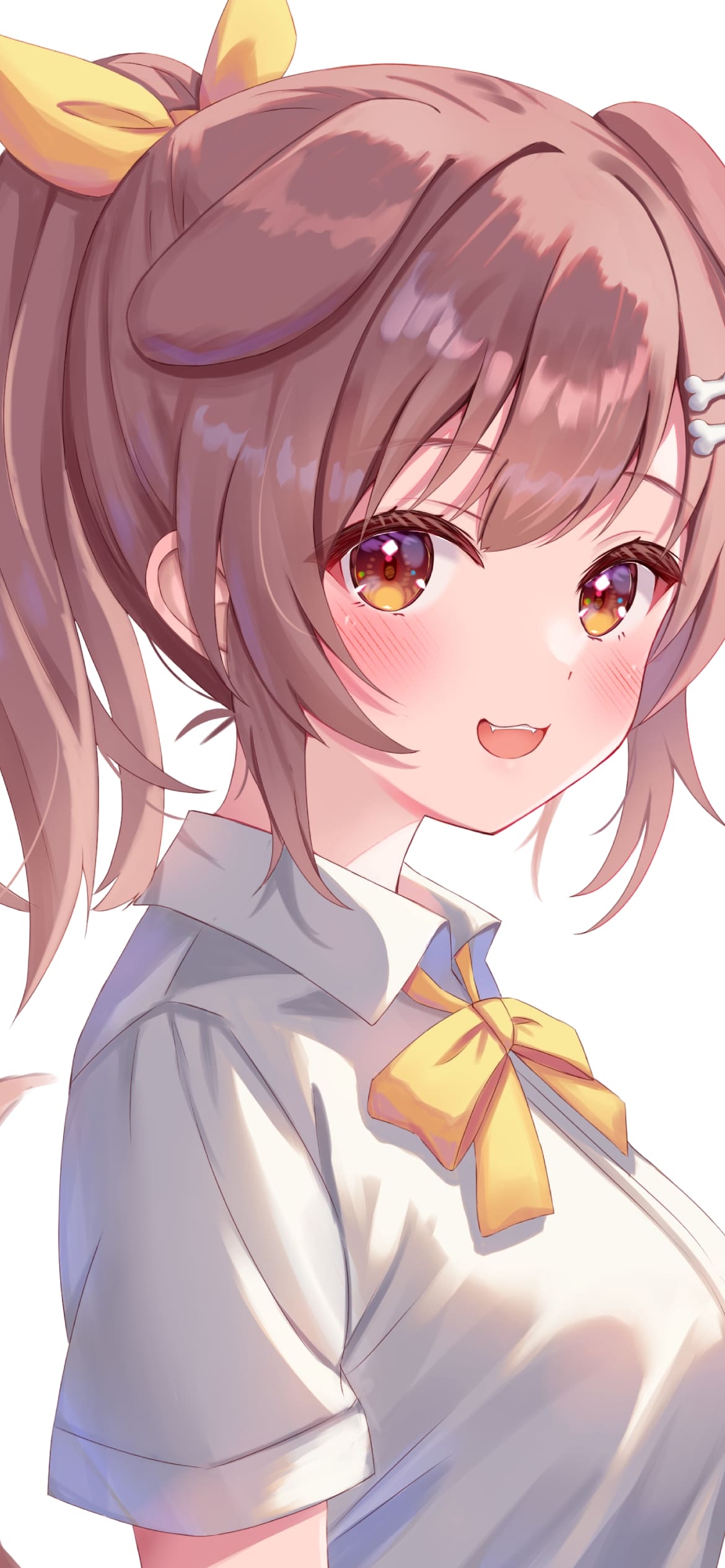 こちらに笑いかけるかわいい戌神ころね / 黄色いリボン / 赤いほっぺた / ホロライブ / バーチャルyoutuber / ファンアート / イラストの1170 x 2532 / スマホ壁紙