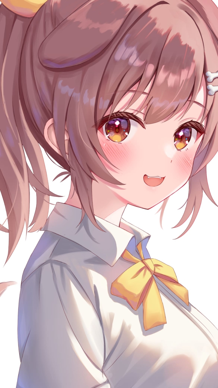 こちらに笑いかけるかわいい戌神ころね / 黄色いリボン / 赤いほっぺた / ホロライブ / バーチャルyoutuber / ファンアート / イラストの750 x 1334 / スマホ壁紙