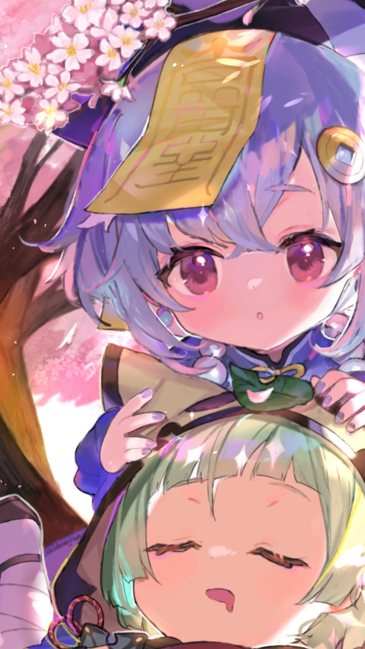 かわいい七七と寝ている早柚(さゆ) / 原神の750 x 1334 / スマホ壁紙