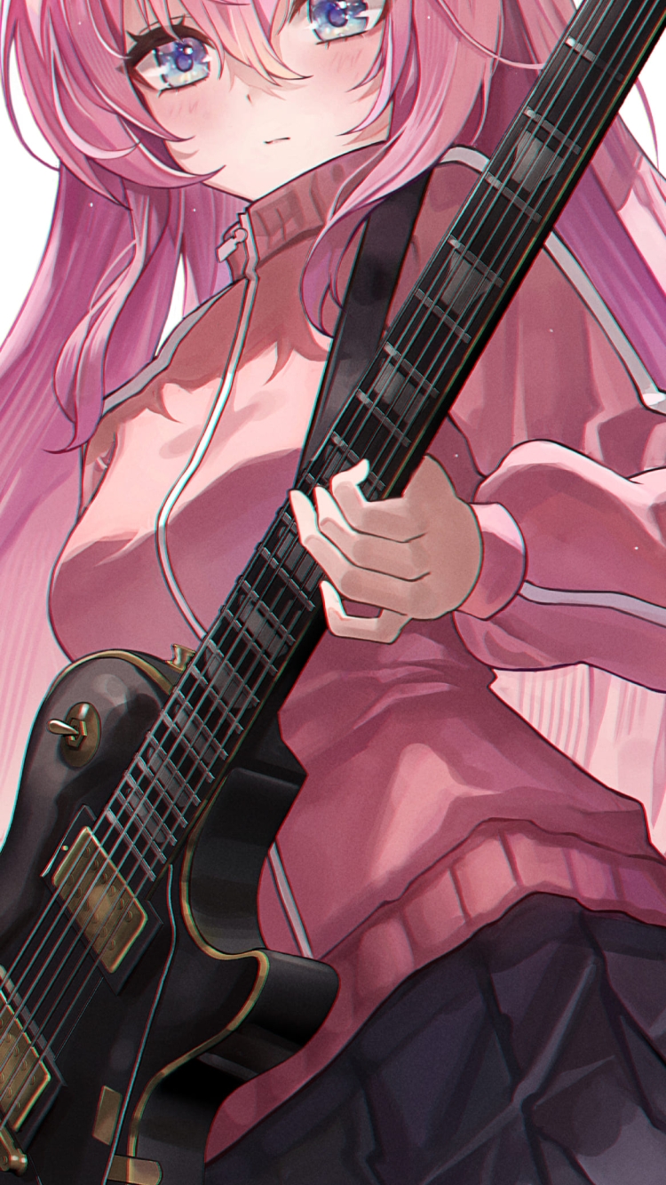 黒いギターを弾く後藤ひとり / 斜め下からのアングル / ぼっち・ざ・ろっく! / ファンアート / イラストの750 x 1334 / スマホ壁紙