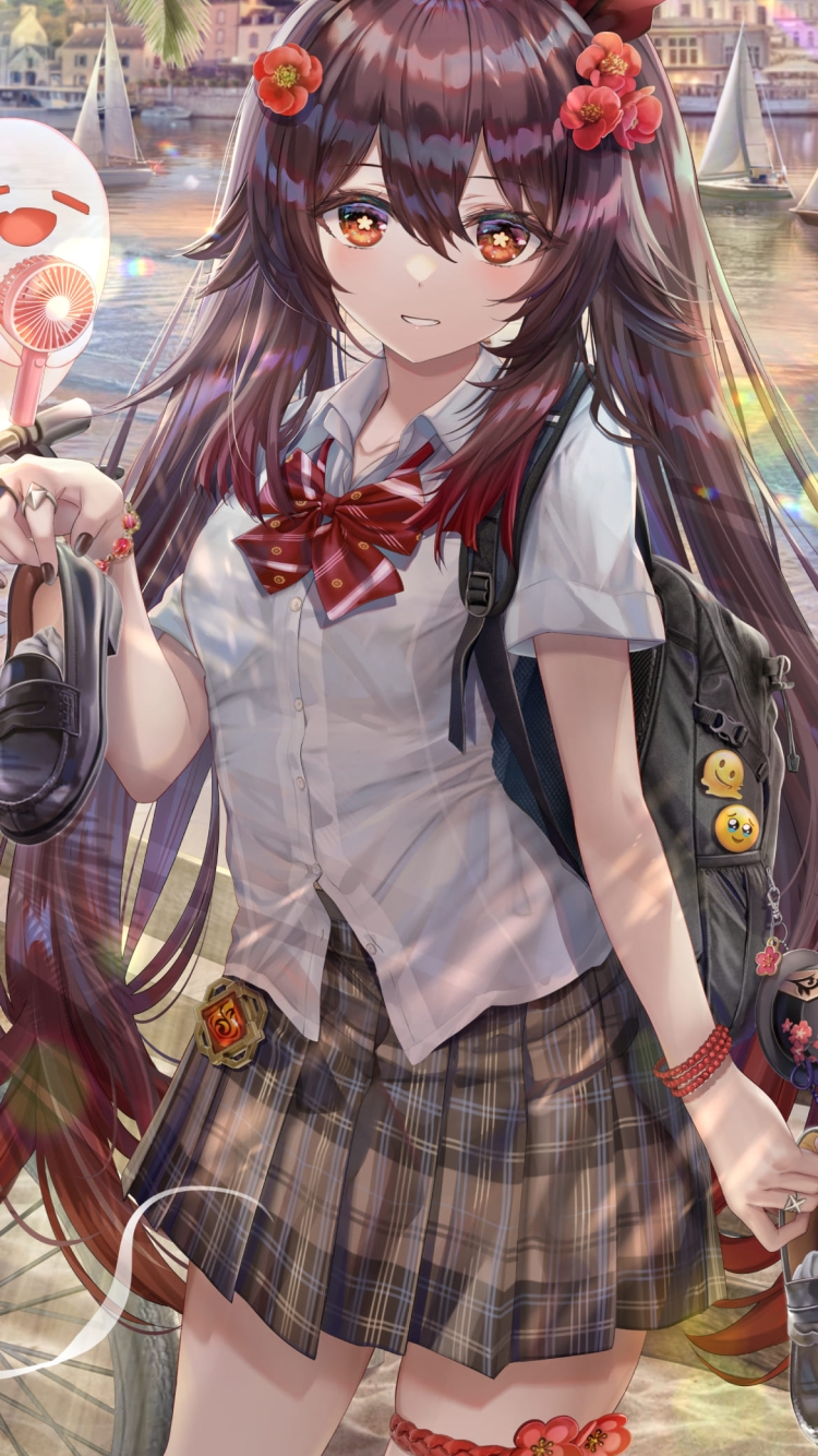 川沿いで靴を持った胡桃 / 原神の750 x 1334 / スマホ壁紙