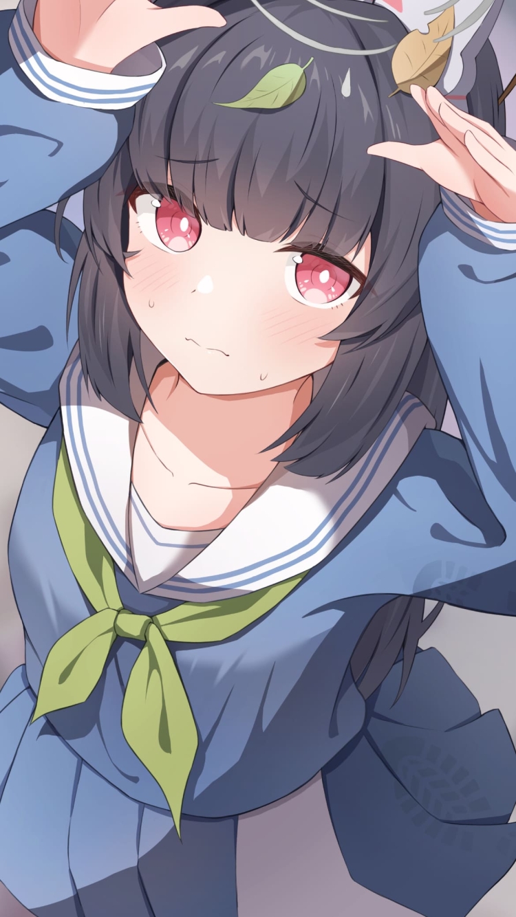 ポーズを撮るかわいい霞沢ミユ / 舞い散る葉 / ブルアカ / ブルーアーカイブ / ファンアート / イラストの750 x 1334 / スマホ壁紙