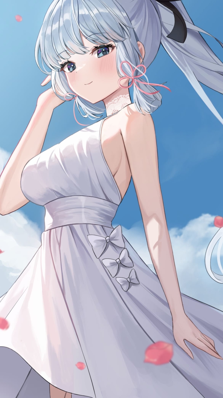 舞う桜の花びらと白いドレスを着た神里綾華 / 原神の750 x 1334 / スマホ壁紙