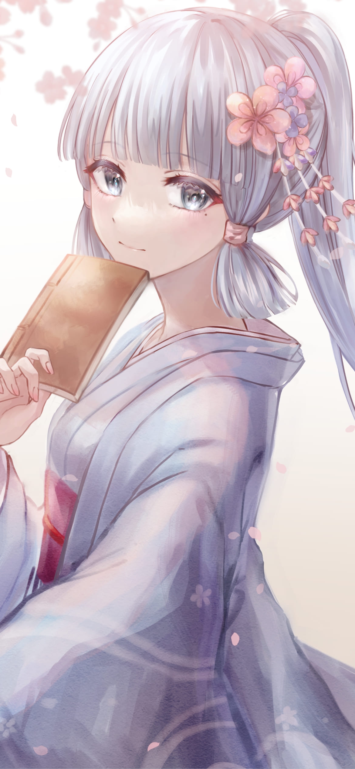 薄い本を口元にあてる神里綾華 / 桜 / 原神の1170 x 2532 / スマホ壁紙