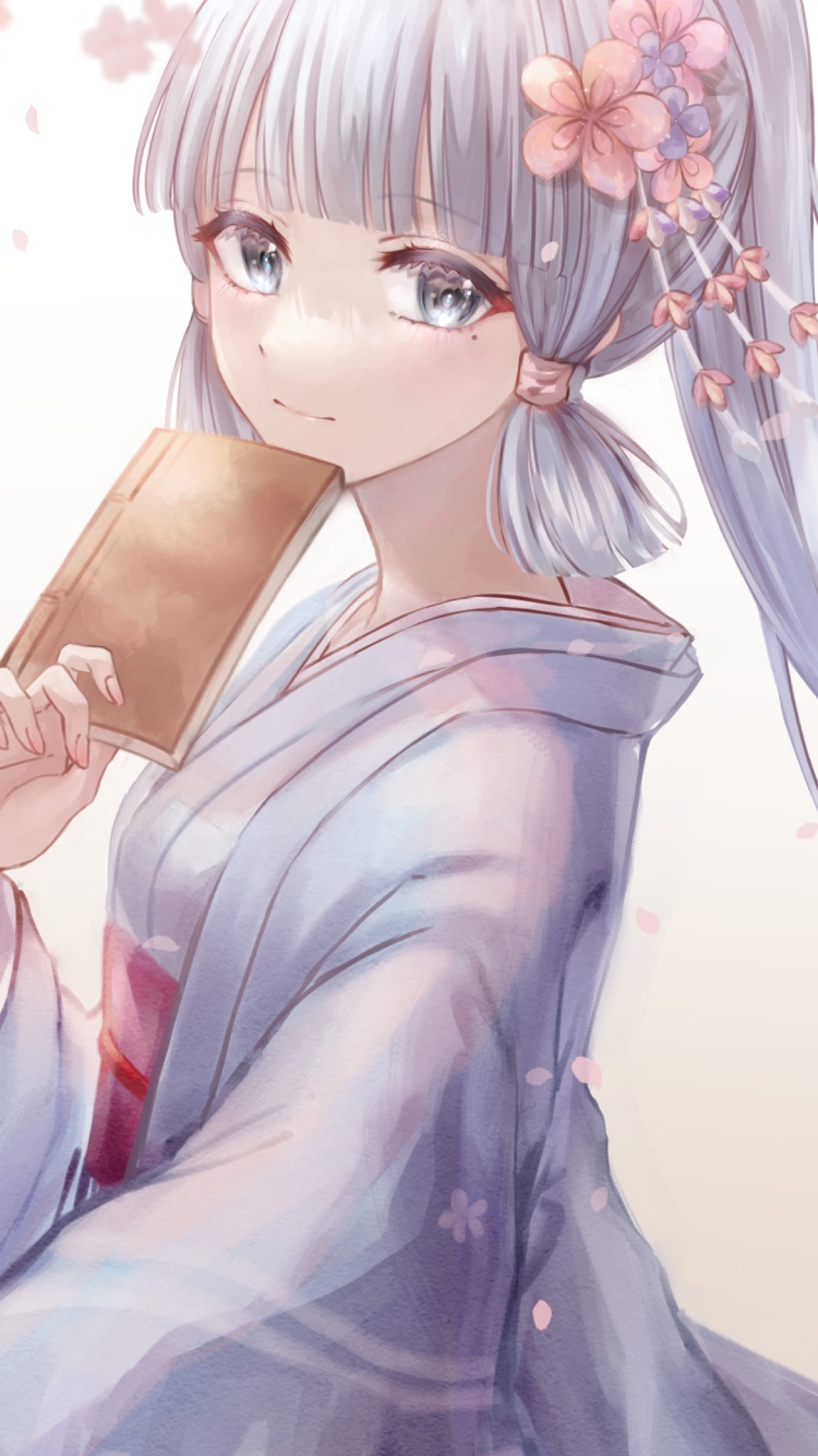 薄い本を口元にあてる神里綾華 / 桜 / 原神の750 x 1334 / スマホ壁紙