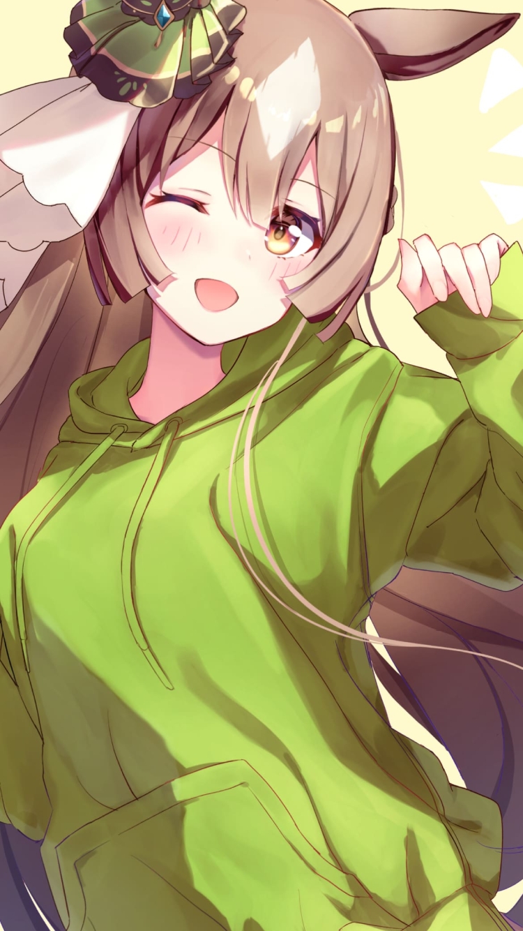 緑のパーカーを着てウィンクをするサトノダイヤモンド / ウマ娘プリティーダービー / ファンアート / イラストの750 x 1334 / スマホ壁紙