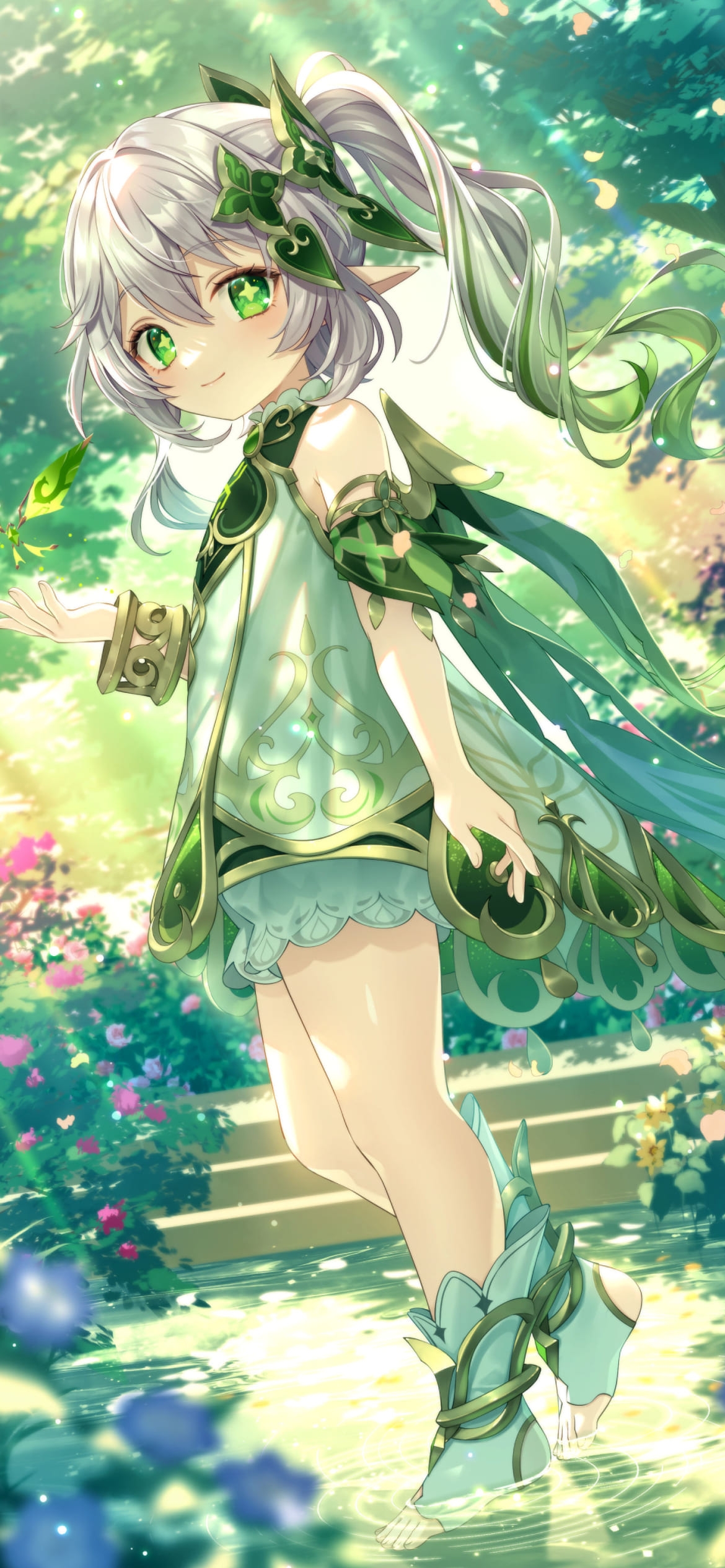 かわいいナヒーダ / 緑の庭園 / 緑の蝶 / 晶蝶 / 原神の1170 x 2532 / スマホ壁紙