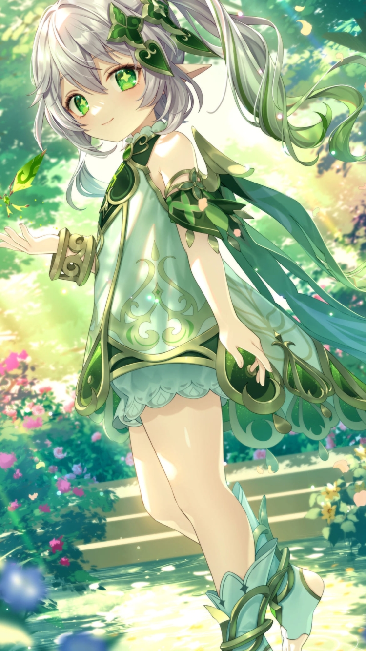 かわいいナヒーダ / 緑の庭園 / 緑の蝶 / 晶蝶 / 原神の750 x 1334 / スマホ壁紙