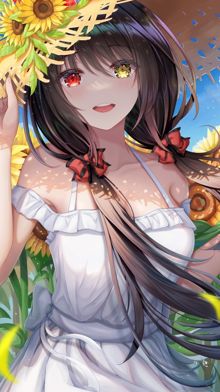 向日葵畑の中にいる時崎狂三 / 麦わら帽子 / かわいい / 夏 / デート・ア・ライブ / ファンアート / イラストの750 x 1334 / スマホ壁紙
