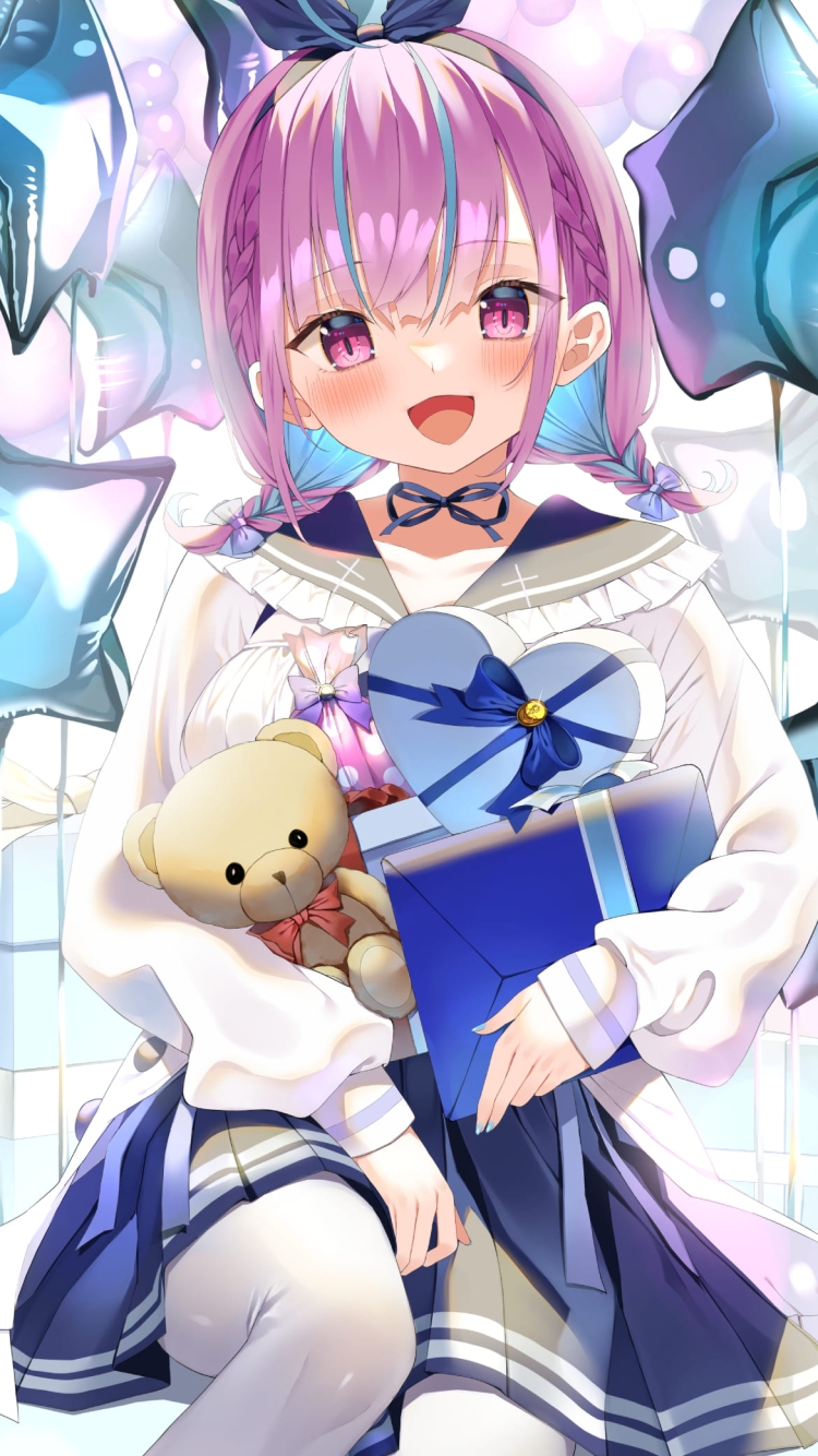 笑顔の湊あくあ / 星型のふうせん / クマのぬいぐるみ / ホロライブ / バーチャルYouTuber / ファンアート / イラストの750 x 1334 / スマホ壁紙