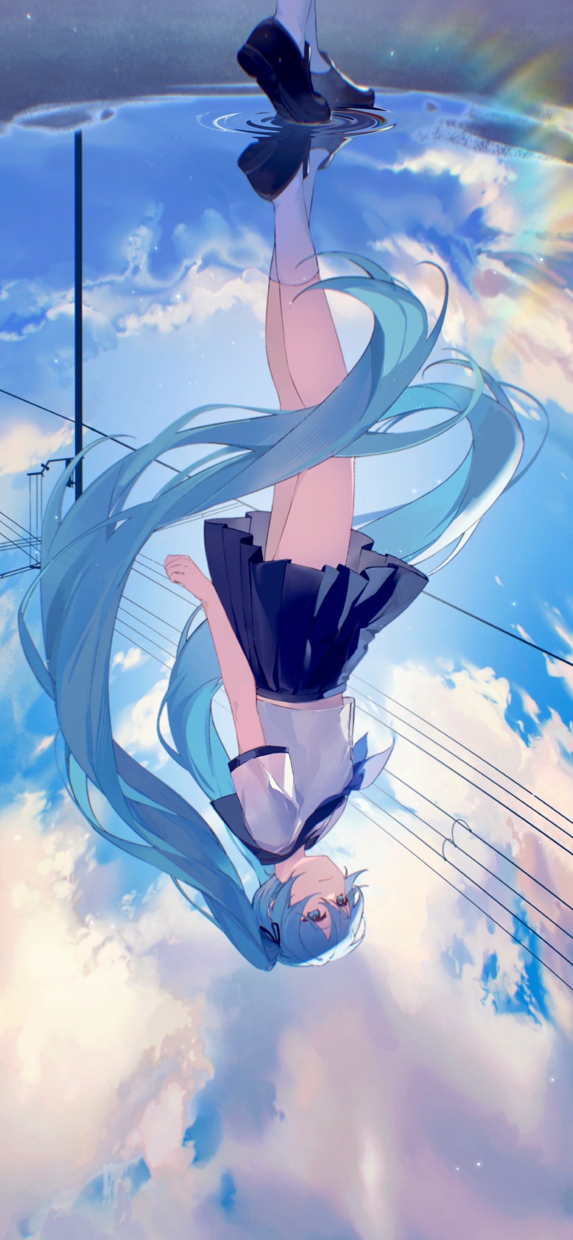 水たまりに映る初音ミク / 綺麗 / ボカロ / ボーカロイド / ファンアート / イラストの1170 x 2532 / スマホ壁紙