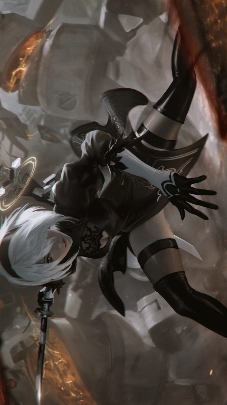 敵を一網打尽にするかっこいい2B / ヨルハ二号b型 / nier: automataの750 x 1334 / スマホ壁紙