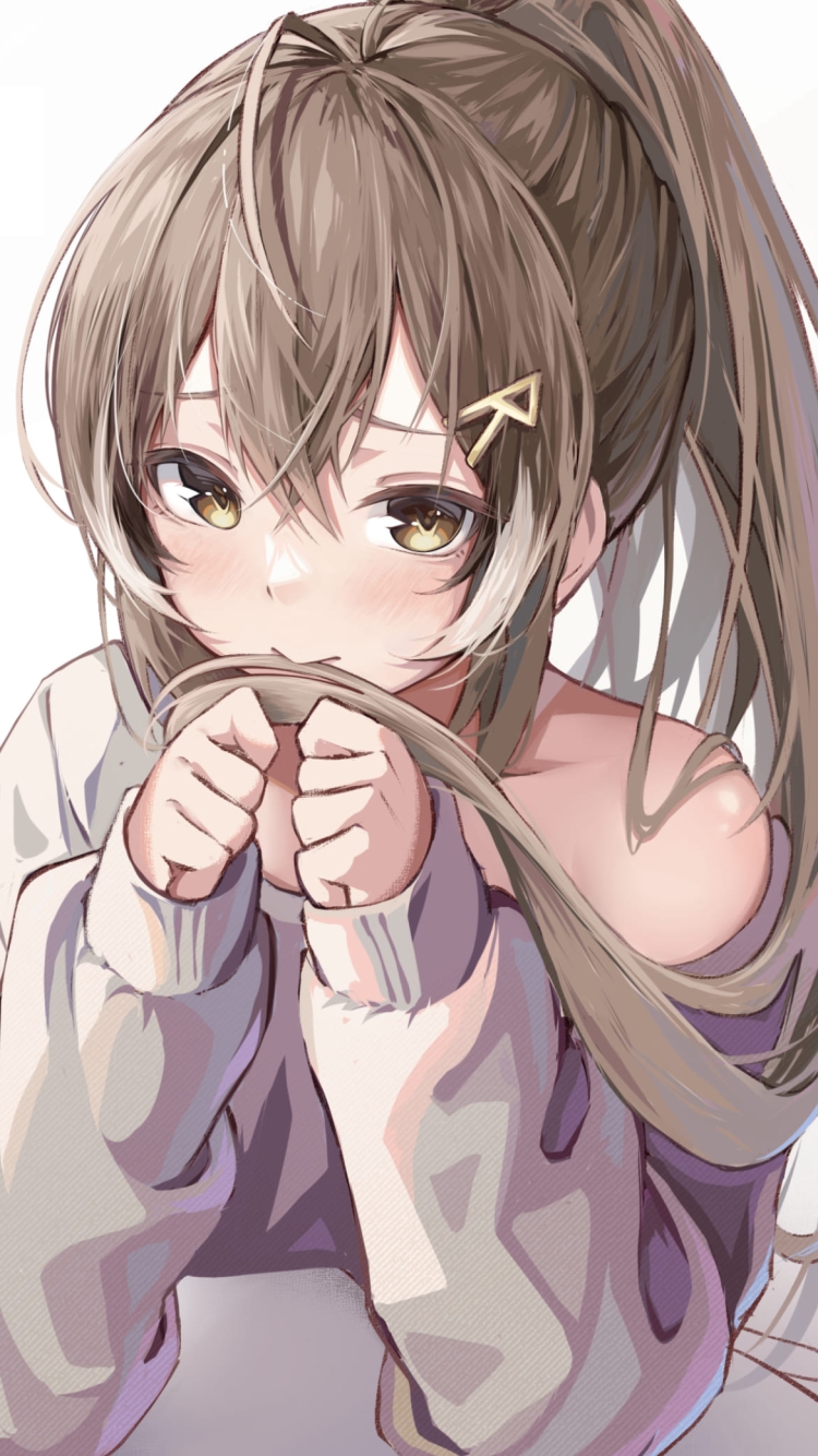 髪を触ってモジモジするかわいい七詩ムメイ / ホロライブ / バーチャルYouTuber / ファンアート / イラストの750 x 1334 / スマホ壁紙