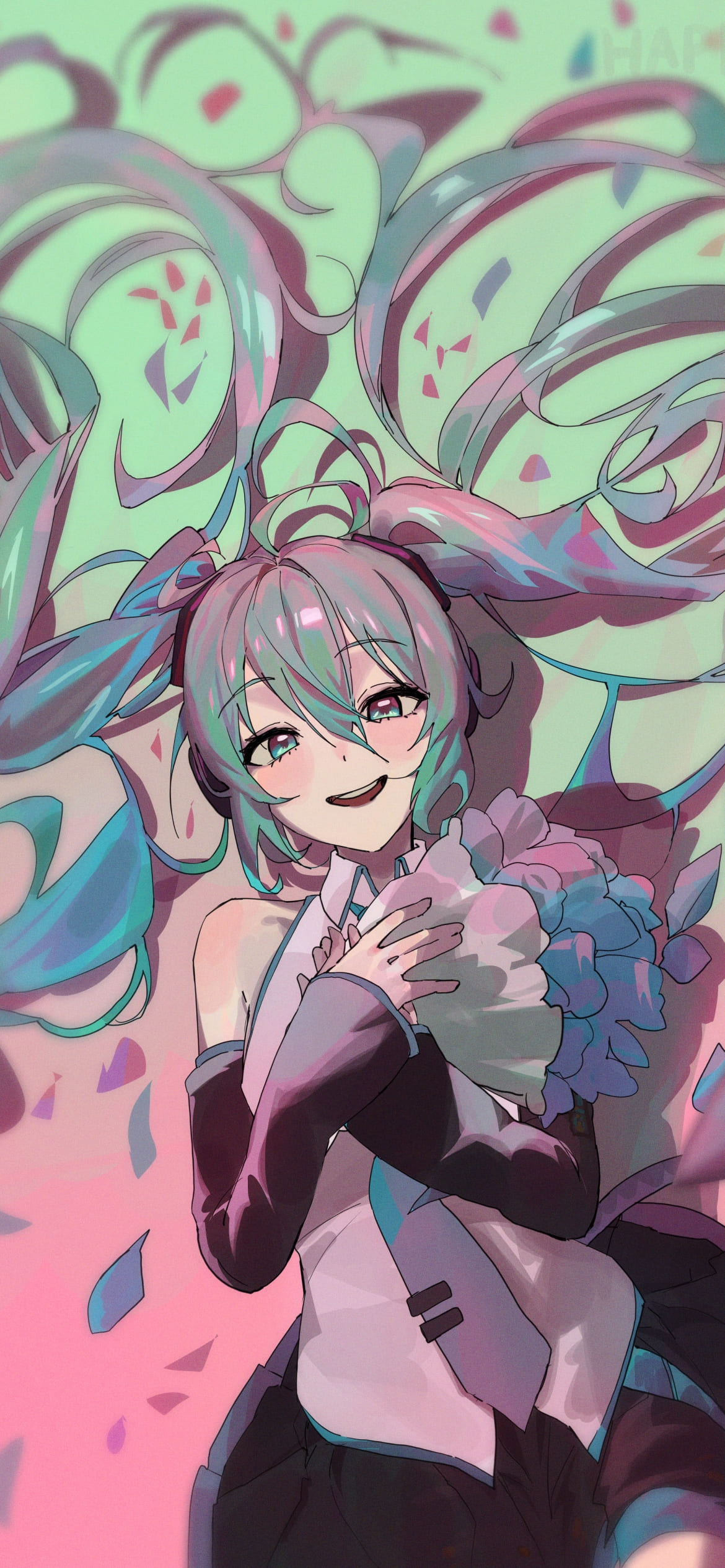 青い花束を持つ初音ミク / ボカロ / ボーカロイドの1170 x 2532 / スマホ壁紙