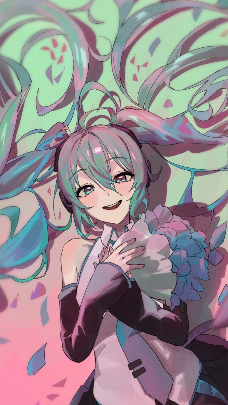 青い花束を持つ初音ミク / ボカロ / ボーカロイドの750 x 1334 / スマホ壁紙