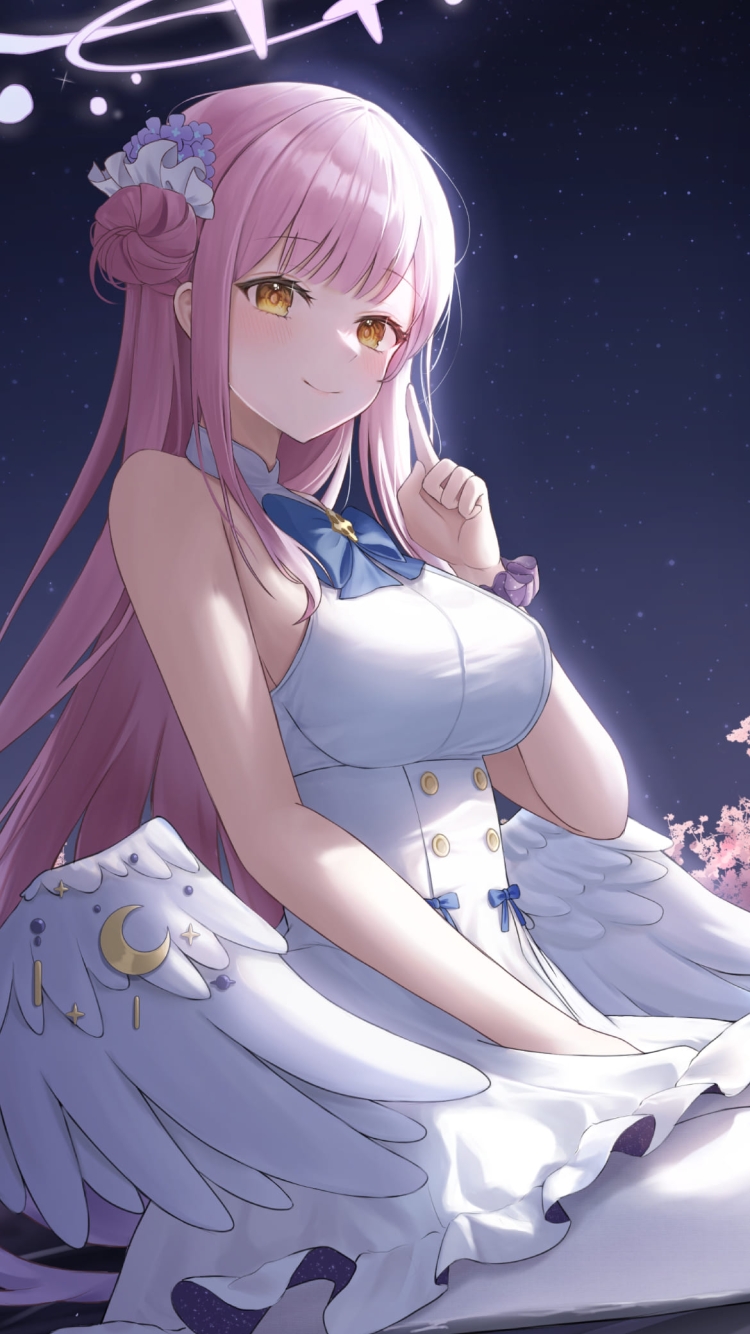 女の子座りをして左手の人差し指を立てる聖園ミカ / ブルアカ / ブルーアーカイブ / ファンアート / イラストの750 x 1334 / スマホ壁紙