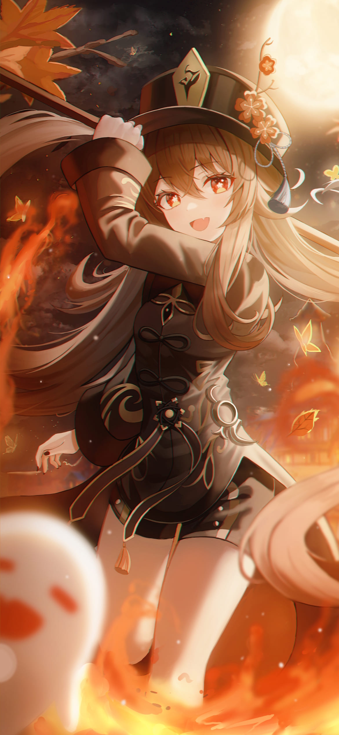 笑顔の胡桃と幽霊 / 満月 / 紅葉 / 原神の1170 x 2532 / スマホ壁紙