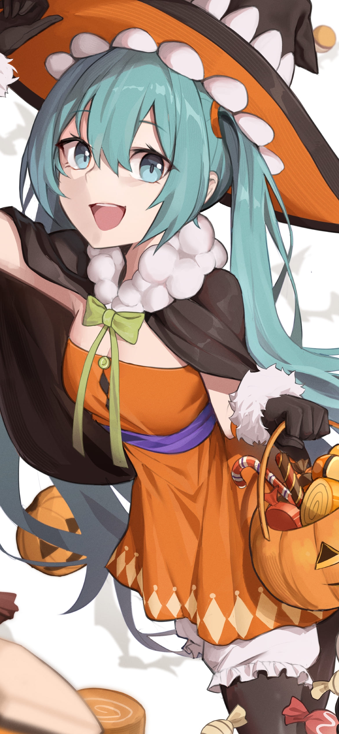 初音ミク / ハロウィン / 可愛い / パンプキン / ステッキ状の飴 / ボカロ / ボーカロイドの1170 x 2532 / スマホ壁紙