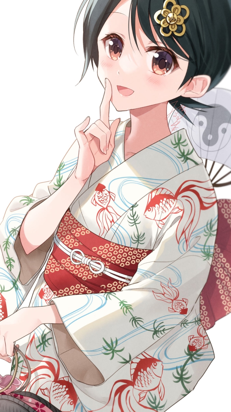 金魚の模様の白い浴衣を着たかわいい風浦可符香 / うちわ / 花の髪飾り / さよなら絶望先生の750 x 1334 / スマホ壁紙