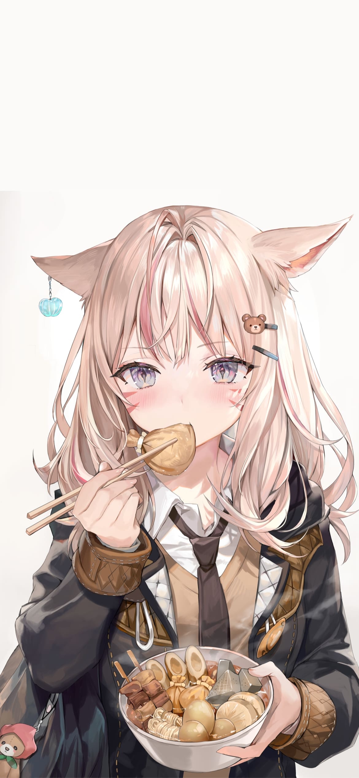 おでんを食べる可愛いミコッテ / ちくわ / ゆで卵 / こんにゃく / 大根 / 餅きんちゃく / 牛すじ / しらたき / ファイナルファンタシー14 / FF14の1170 x 2532 / スマホ壁紙