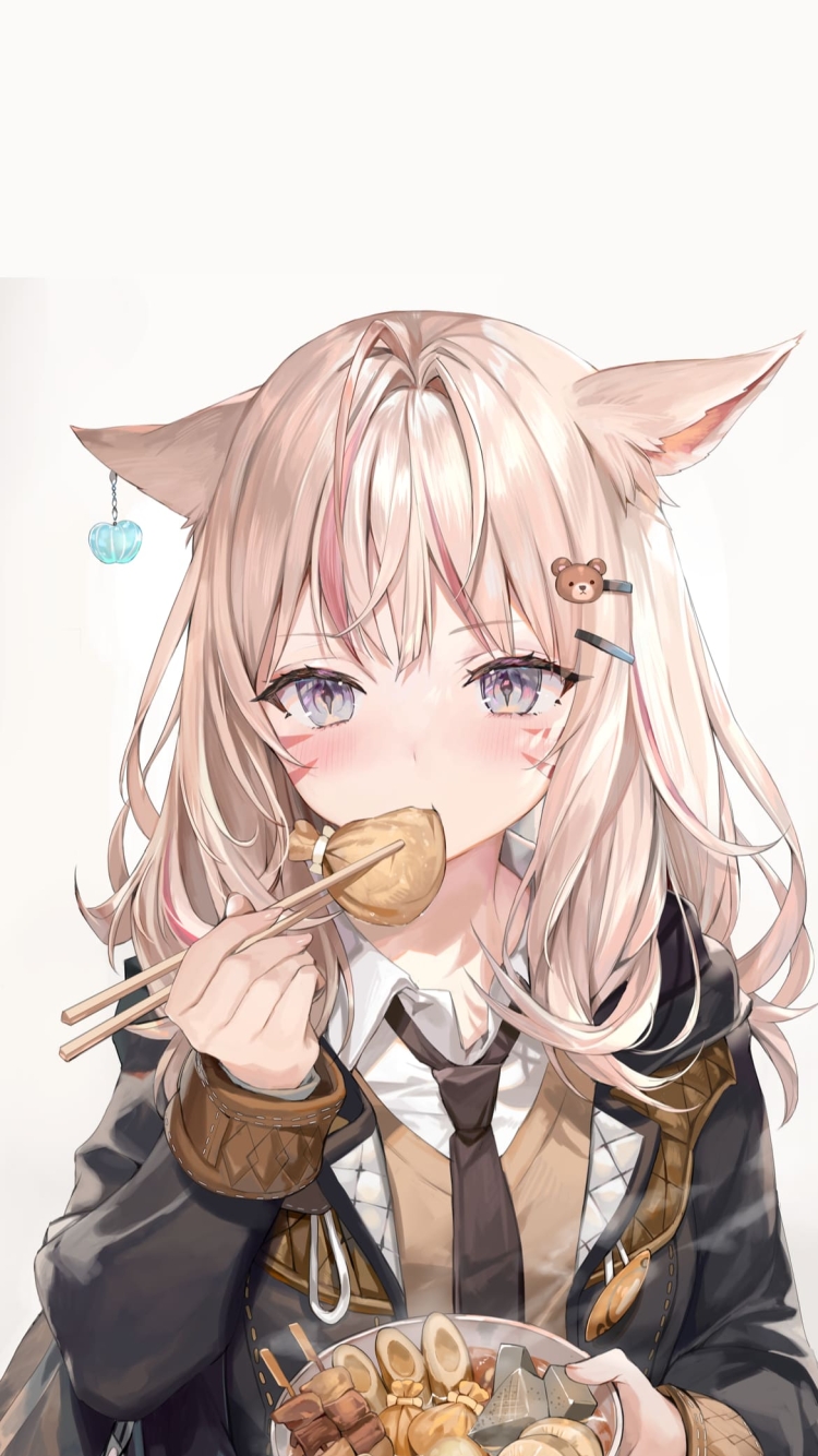 おでんを食べる可愛いミコッテ / ちくわ / ゆで卵 / こんにゃく / 大根 / 餅きんちゃく / 牛すじ / しらたき / ファイナルファンタシー14 / FF14の750 x 1334 / スマホ壁紙
