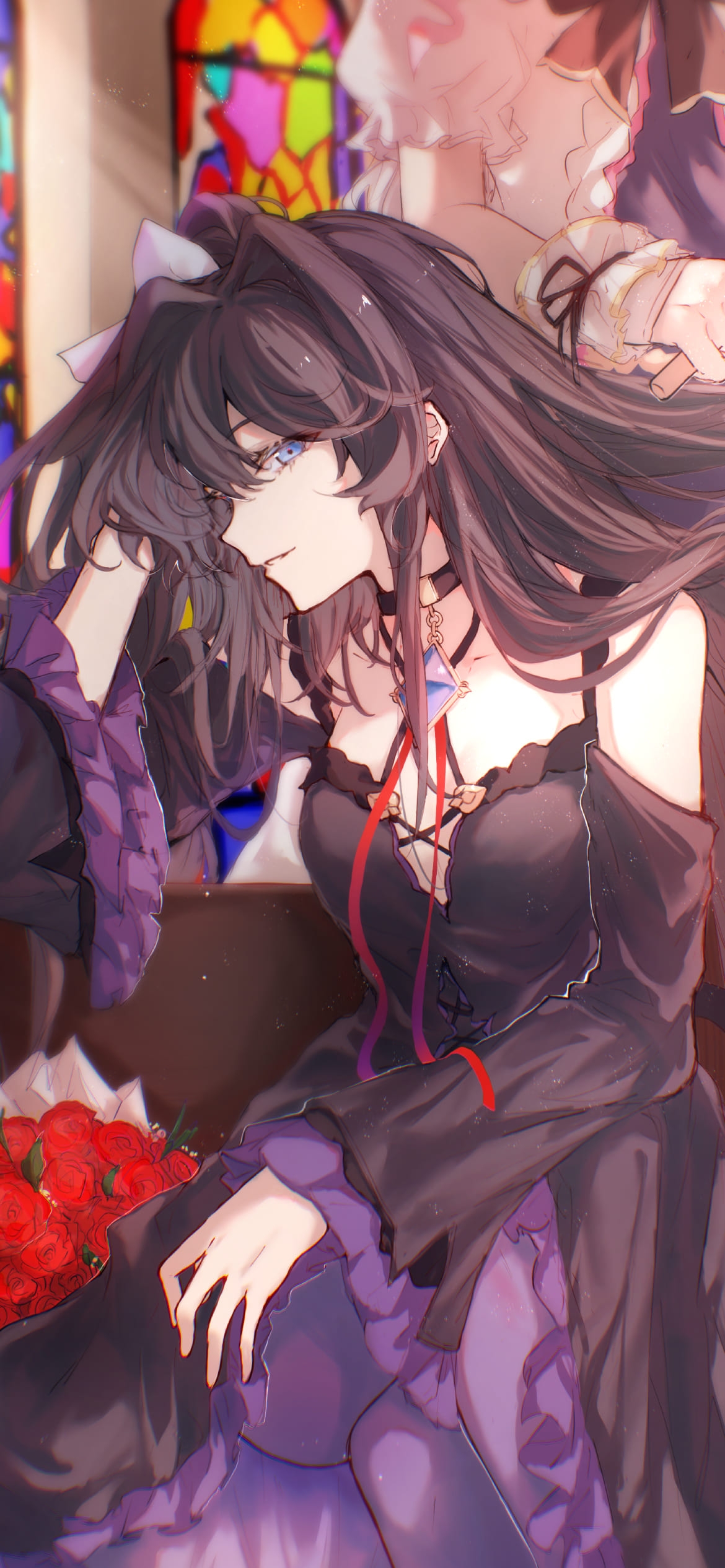 対立の髪をとかす光 / 赤い薔薇 / ステンドグラス / 協会 / アーケアの1170 x 2532 / スマホ壁紙