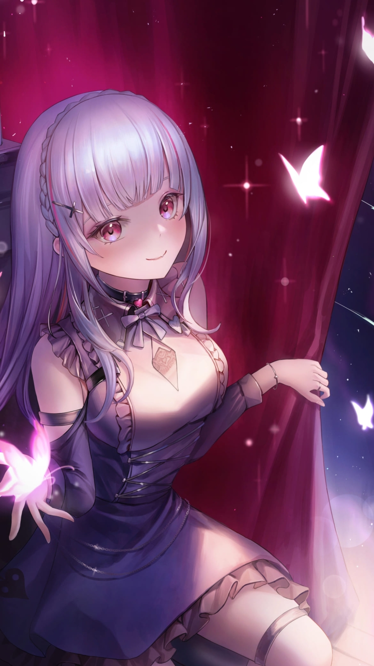 ピンクの光る蝶とかわいい空澄セナ / バーチャルYouTuber / ぶいすぽっ!の750 x 1334 / スマホ壁紙