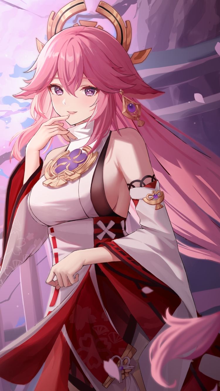舞い散る桜と綺麗な八重神子 / 手摺り / 原神の750 x 1334 / スマホ壁紙