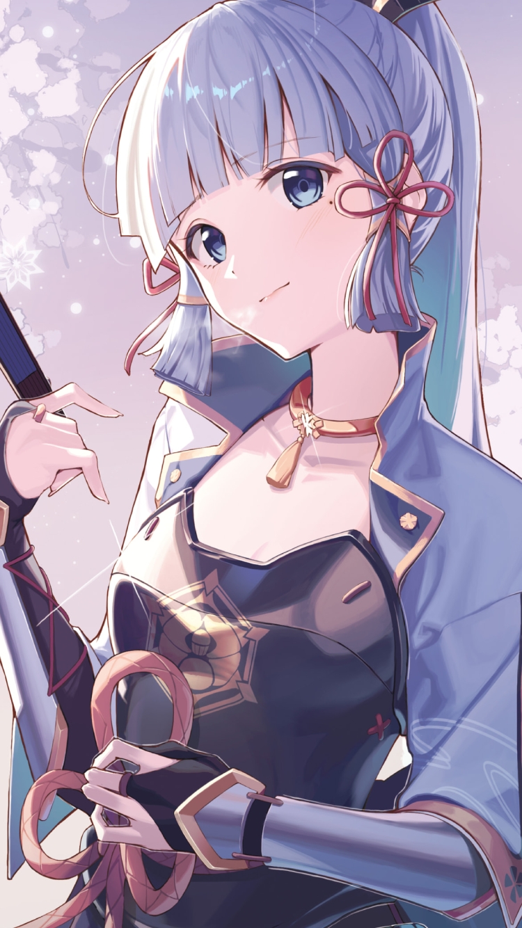 扇子を持ち首を傾けてこちらを見る神里綾華 / 原神の750 x 1334 / スマホ壁紙