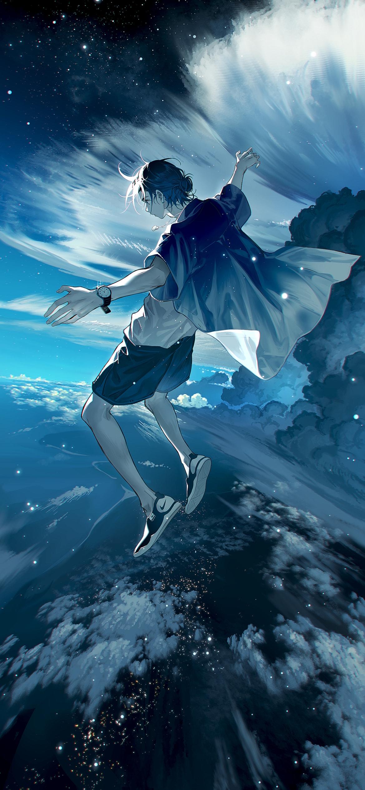 浮遊する網代慎平 / 地球 / サマータイムレンダ / ファンアート / イラストの1170 x 2532 / スマホ壁紙