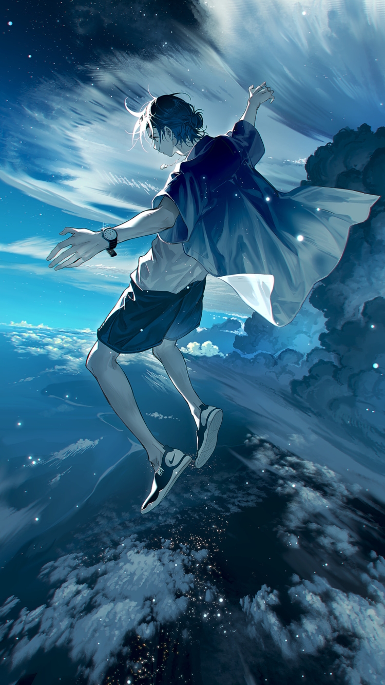 浮遊する網代慎平 / 地球 / サマータイムレンダ / ファンアート / イラストの750 x 1334 / スマホ壁紙