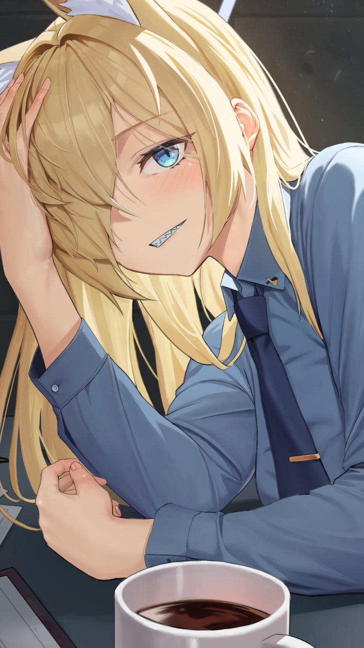 苦笑いしてこちらを見る尾刃カンナ / 珈琲 / 資料 / ブルアカ / ブルーアーカイブ / ファンアート / イラストの750 x 1334 / スマホ壁紙