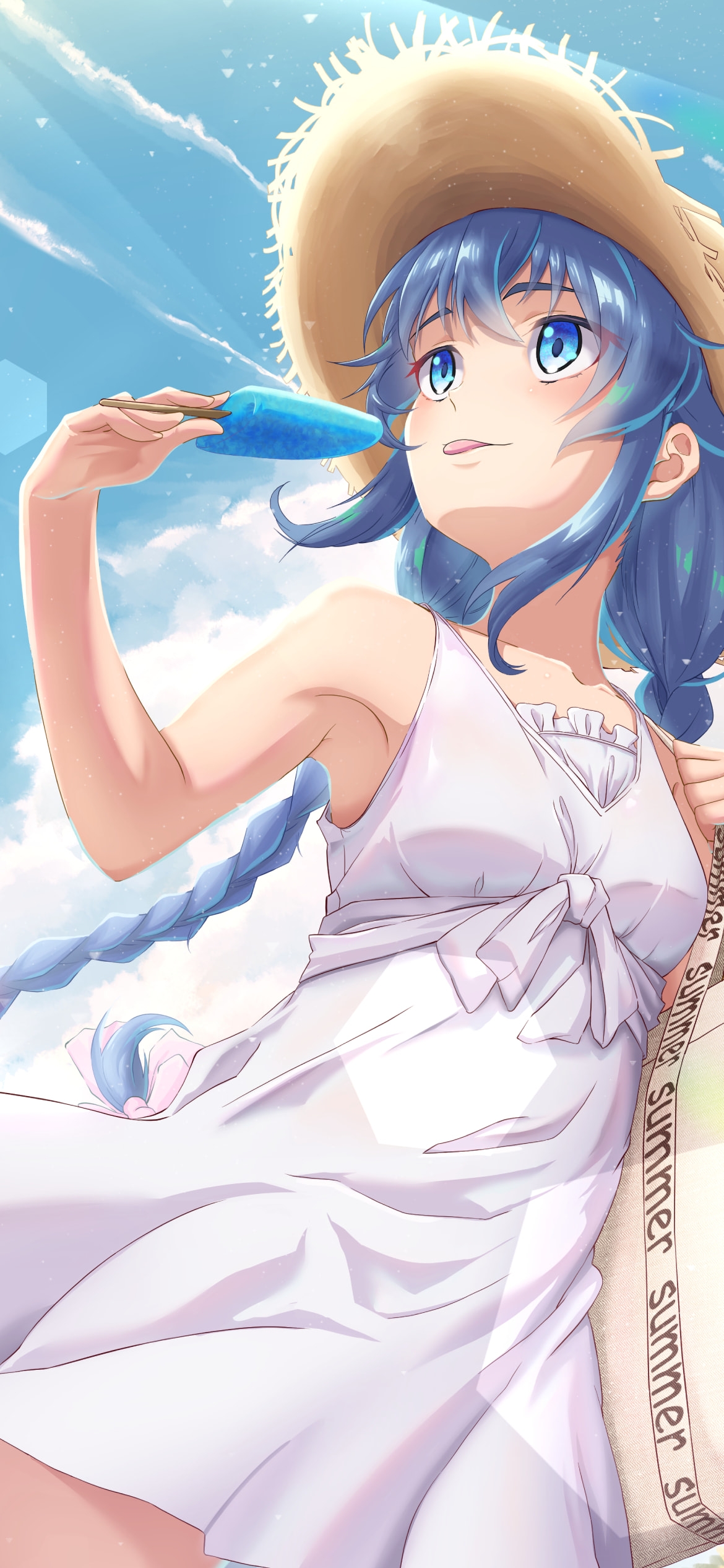 青いアイスを食べるロキシー・ミグルディア / 麦わら帽子 / 無職転生 / ファンアート / イラストの1170 x 2532 / スマホ壁紙