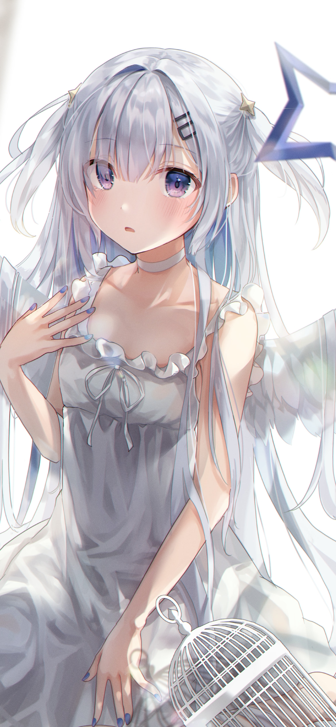 かわいい天音かなたと鳥かご / 白い衣装 / ホロライブ / バーチャルYouTuber / Vtuber / ファンアート / イラストの1170 x 2532 / スマホ壁紙
