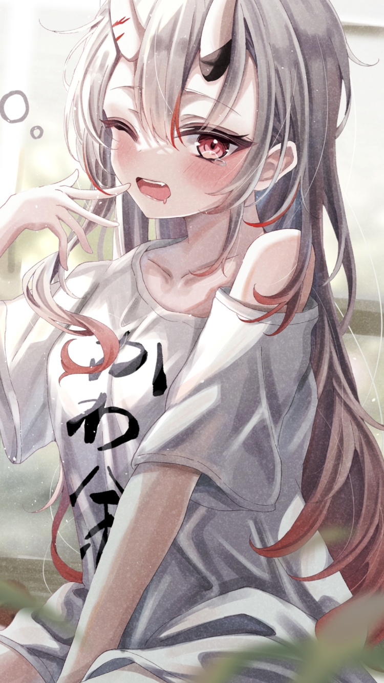 かわいい寝起きの百鬼あやめ / ホロライブ / バーチャルYouTuber / Vtuber / ファンアート / イラストの750 x 1334 / スマホ壁紙