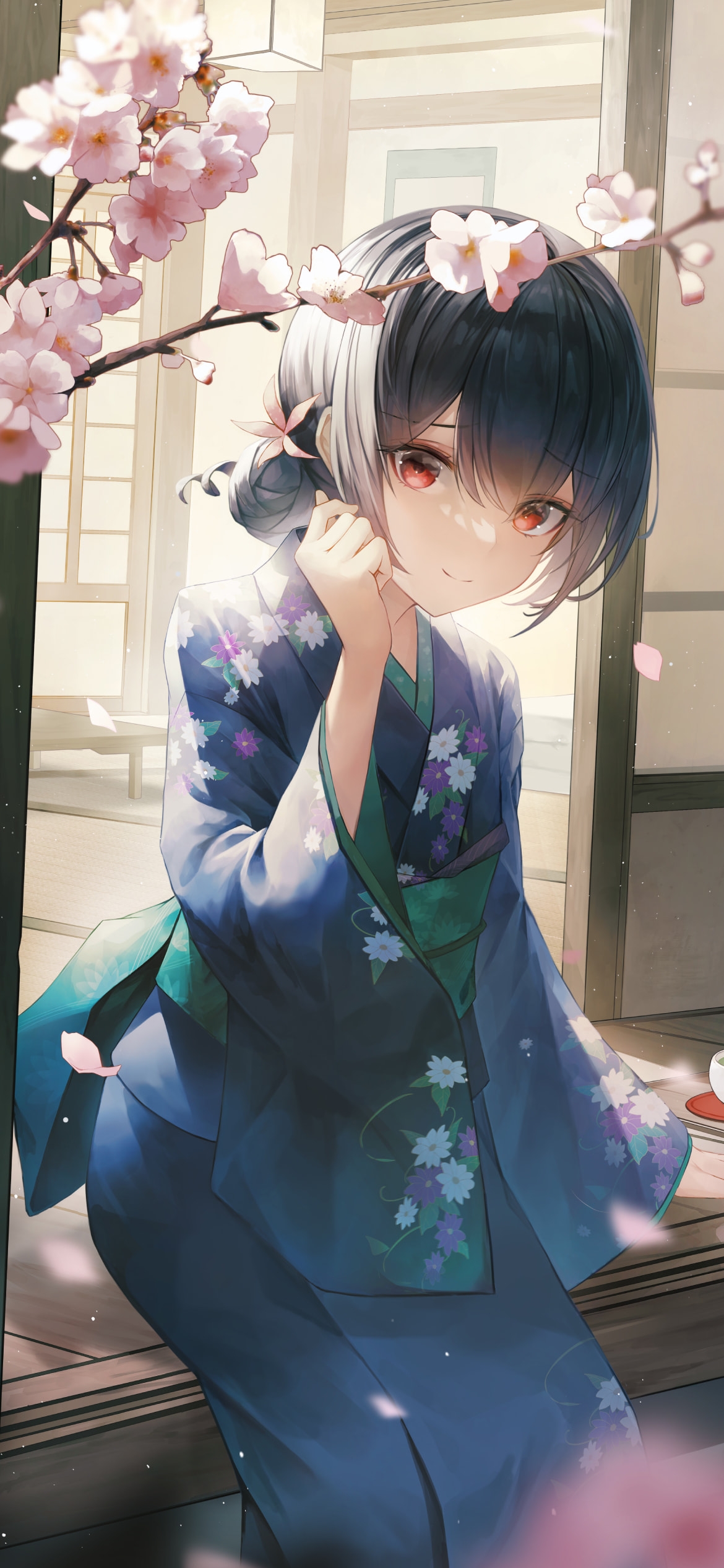縁側で桜を見る花柄模様の青い着物を着た杜野凛世(もりのりんぜ) / アイドルマスターシャイニーカラーズの1170 x 2532 / スマホ壁紙